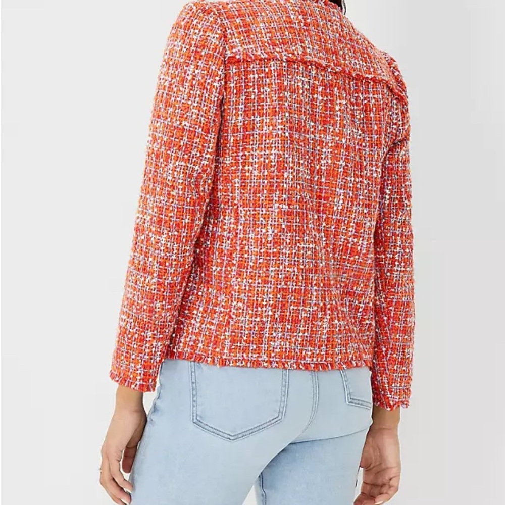 Ann Taylor Tweed Jacket 12Tall Fringe Edge Orange Spark Lined Decorative Buttons - Picture 3 of 11